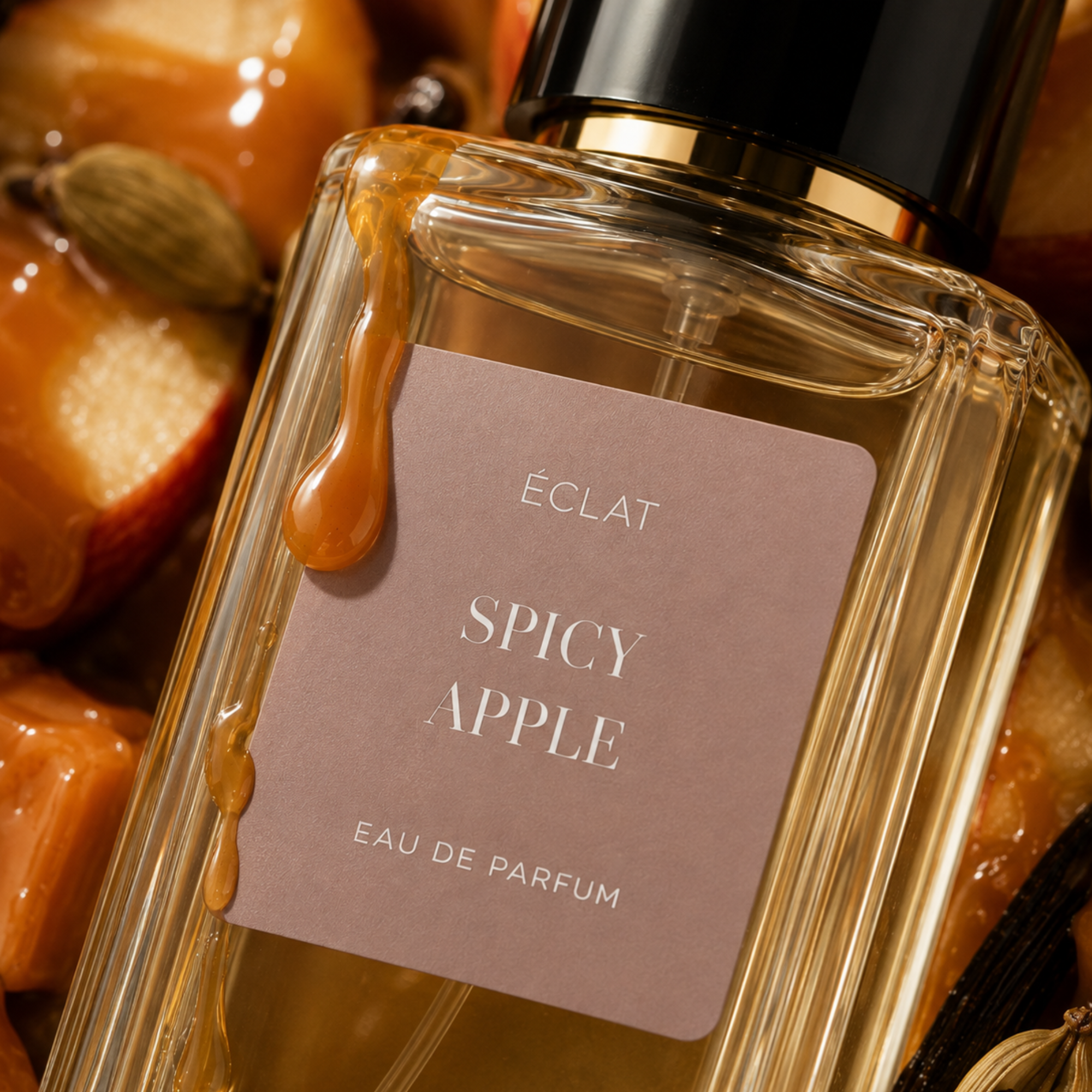 Un flacone in vetro sfaccettato con tappo nero e oro di ÉCLAT Spicy Apple, circondato da salsa al caramello, fette di mela, cardamomo e vaniglia.