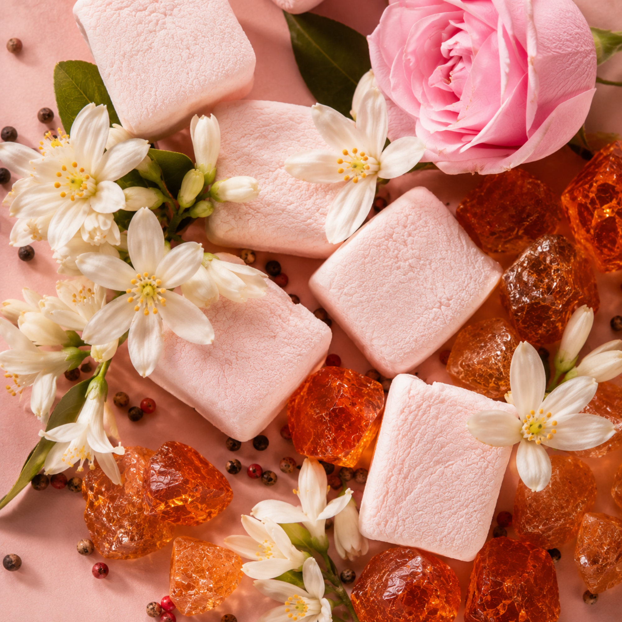 Un arrangiamento di marshmallow rosa, fiori bianchi, cristalli di zucchero ambrato e una rosa rosa su uno sfondo rosa tenue, che simboleggia ÉCLAT VIP Sweet Marshmallow.