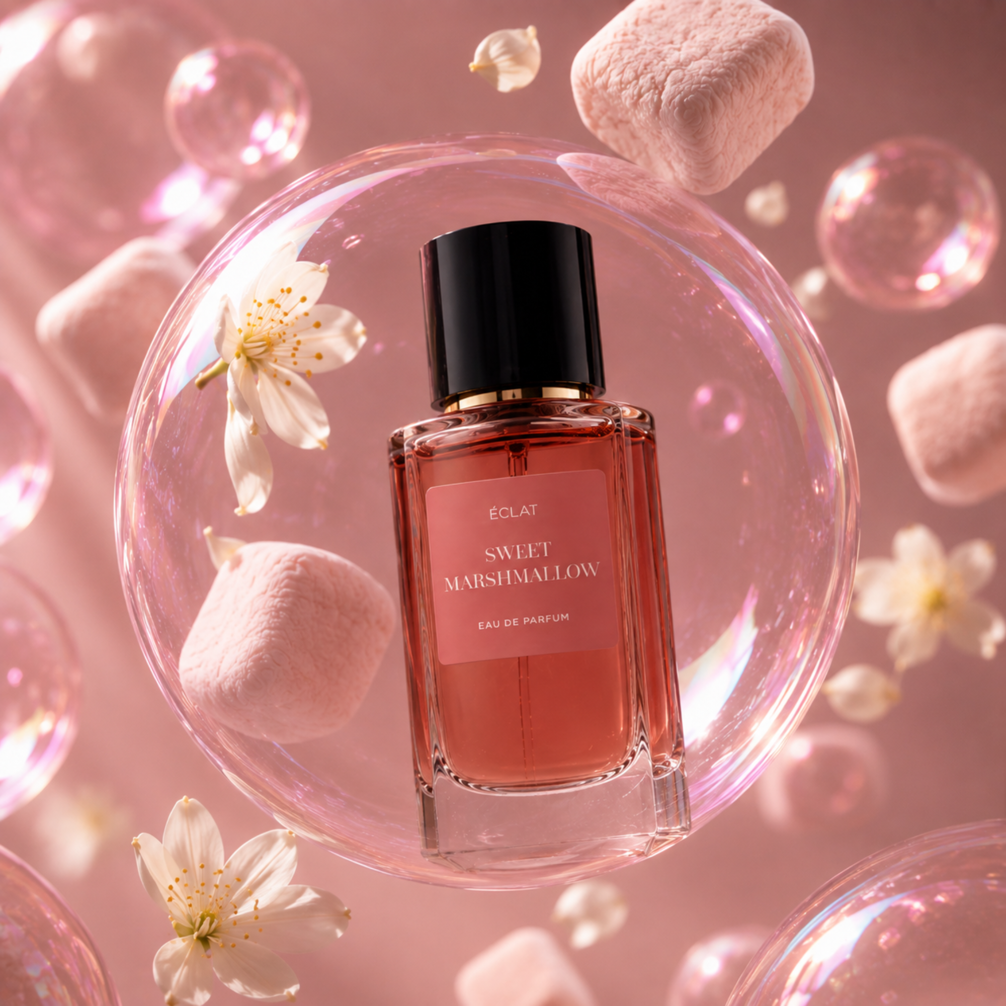 Flacone di vetro sfaccettato ÉCLAT Sweet Marshmallow con tappo nero, circondato da morbidi marshmallow rosa e delicati fiori bianchi su sfondo rosa caldo.