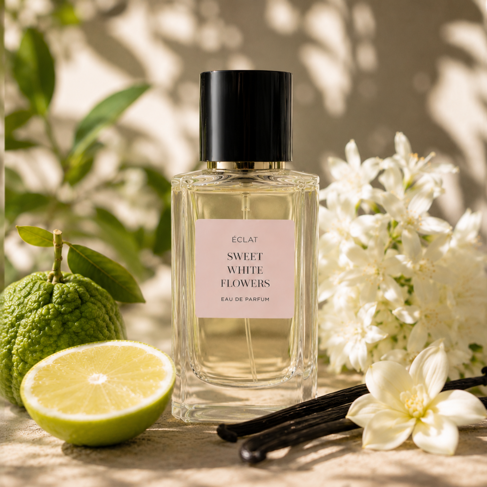 Flacone di profumo ÉCLAT Sweet White Flowers con tappo nero circondato da fiori bianchi, un bergamotto, metà lime e baccelli di vaniglia.
