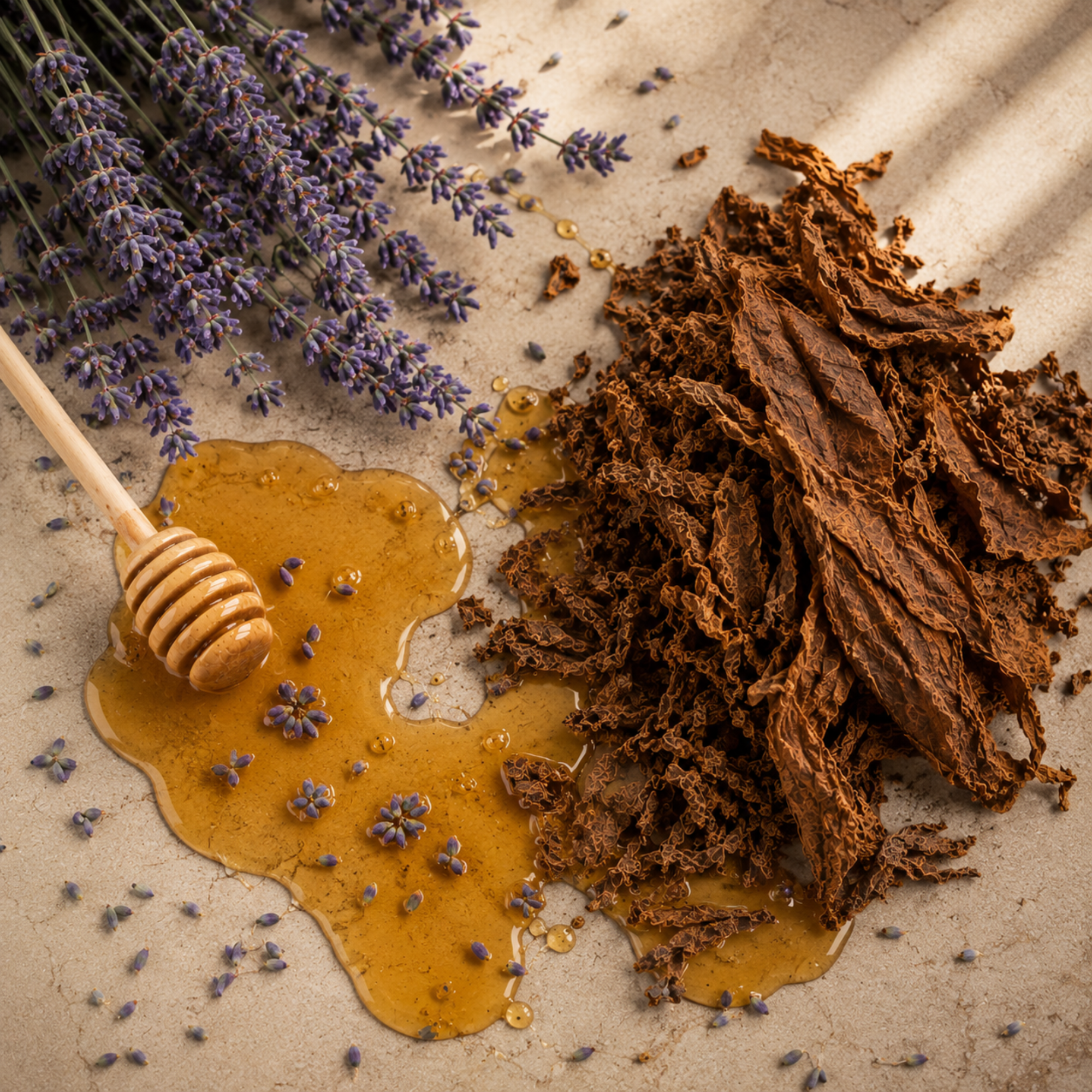 Disposizione di foglie di tabacco essiccate, miele rovesciato con fiori di lavanda e un mestolo per miele su una superficie testurizzata.