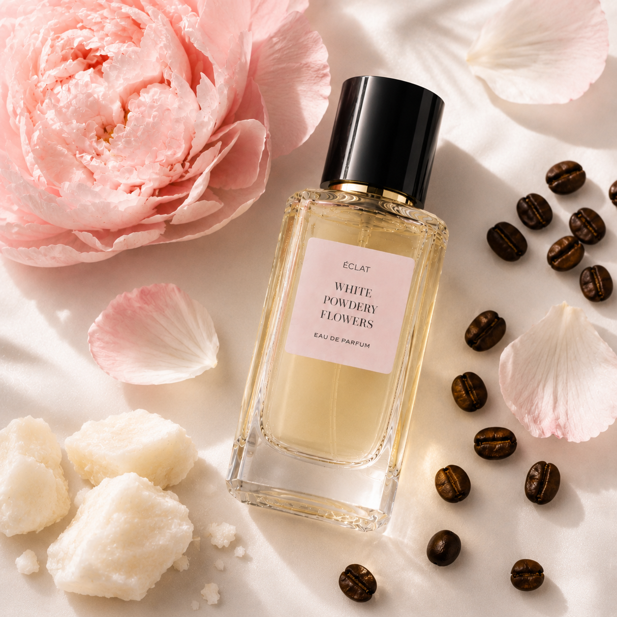 Flacone di profumo ÉCLAT White Powdery Flowers con tappo nero su superficie satinata circondato da peonia rosa, petali, chicchi di caffè e pezzi polverosi.