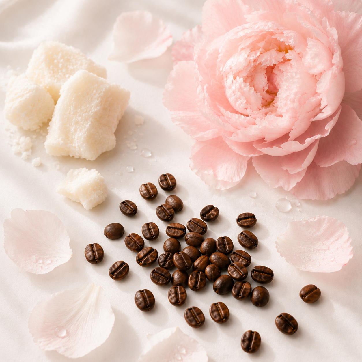 Un delicato arrangiamento di petali di peonia rosa, cubetti di zucchero e chicchi di caffè su tessuto bianco di seta.
