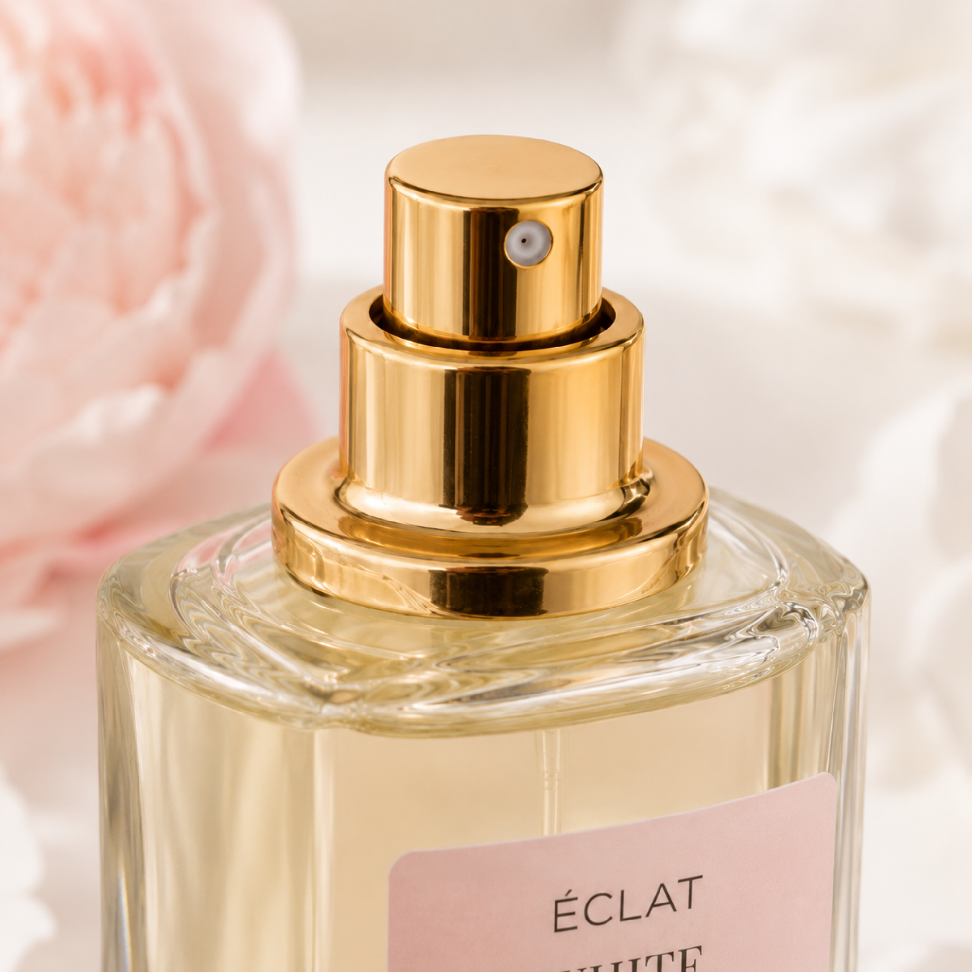 Un flacone in vetro sfaccettato di ÉCLAT White Powdery Flowers con spruzzatore dorato e etichetta rosa, circondato da dettagli floreali delicati.