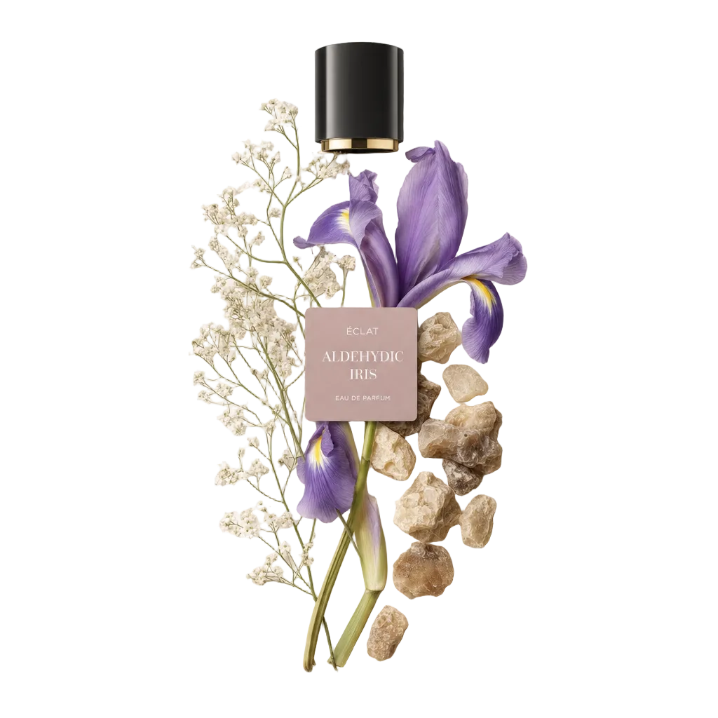 Una composizione di delicati fiori bianchi, vivaci fiori di iris viola e pezzi di resina cristallizzata disposti intorno a una chiusura nera con etichetta ÉCLAT Aldehydic Iris.