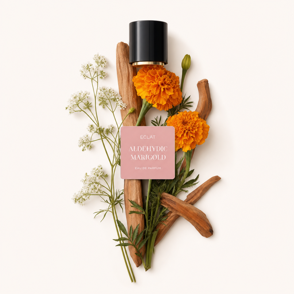 Una composizione di fiori di calendula, fiori bianchi e bastoncini di legno, disposta con un cappuccio nero etichettato ÉCLAT Aldehydic Marigold.