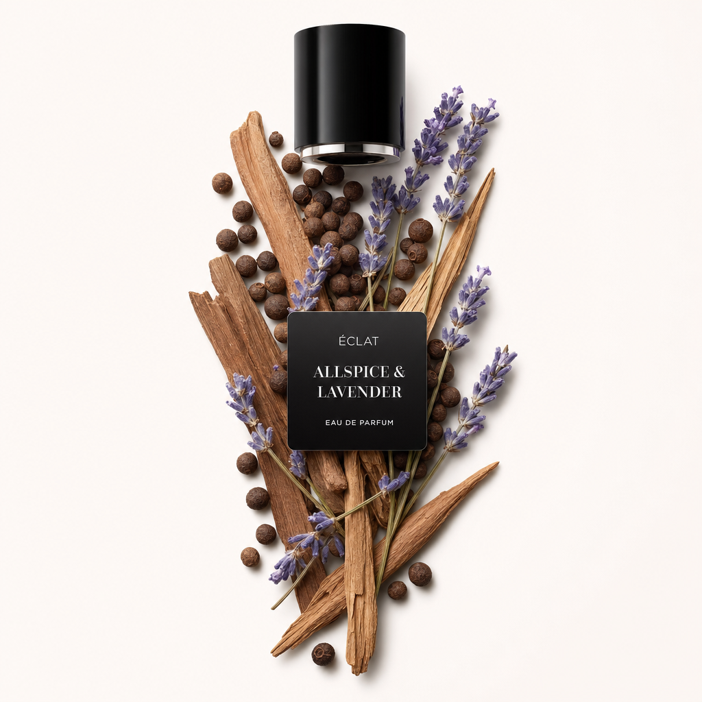 Un arrangiamento di bacche di pimento, bastoncini di cannella e rametti di lavanda attorno a un tappo nero con etichetta ÉCLAT Allspice & Lavender.
