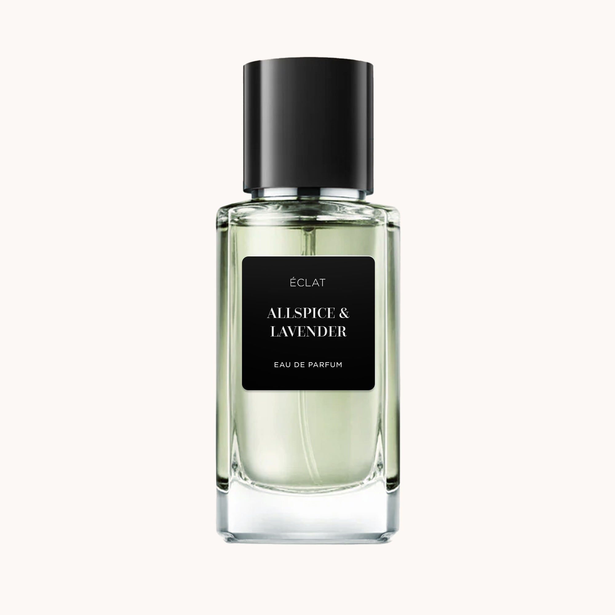 ÉCLAT Allspice & Lavender in un flacone di vetro con etichetta nera e tappo nero abbinato.