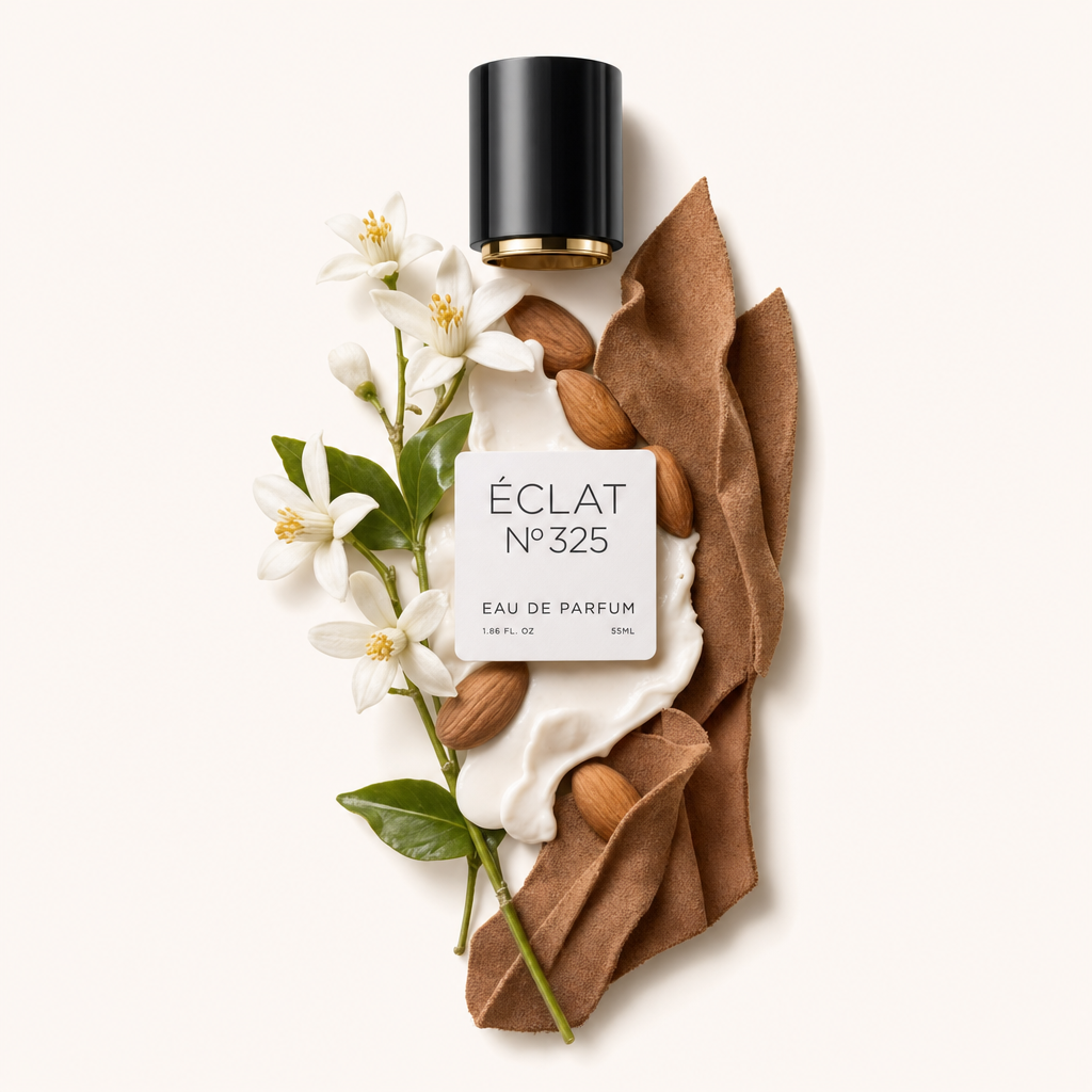 Una composizione di fiori bianchi in fiore, mandorle e texture cremosa con un tessuto marrone morbido, accanto a un tappo nero con etichetta per ÉCLAT Almond Milk & Cashmere.