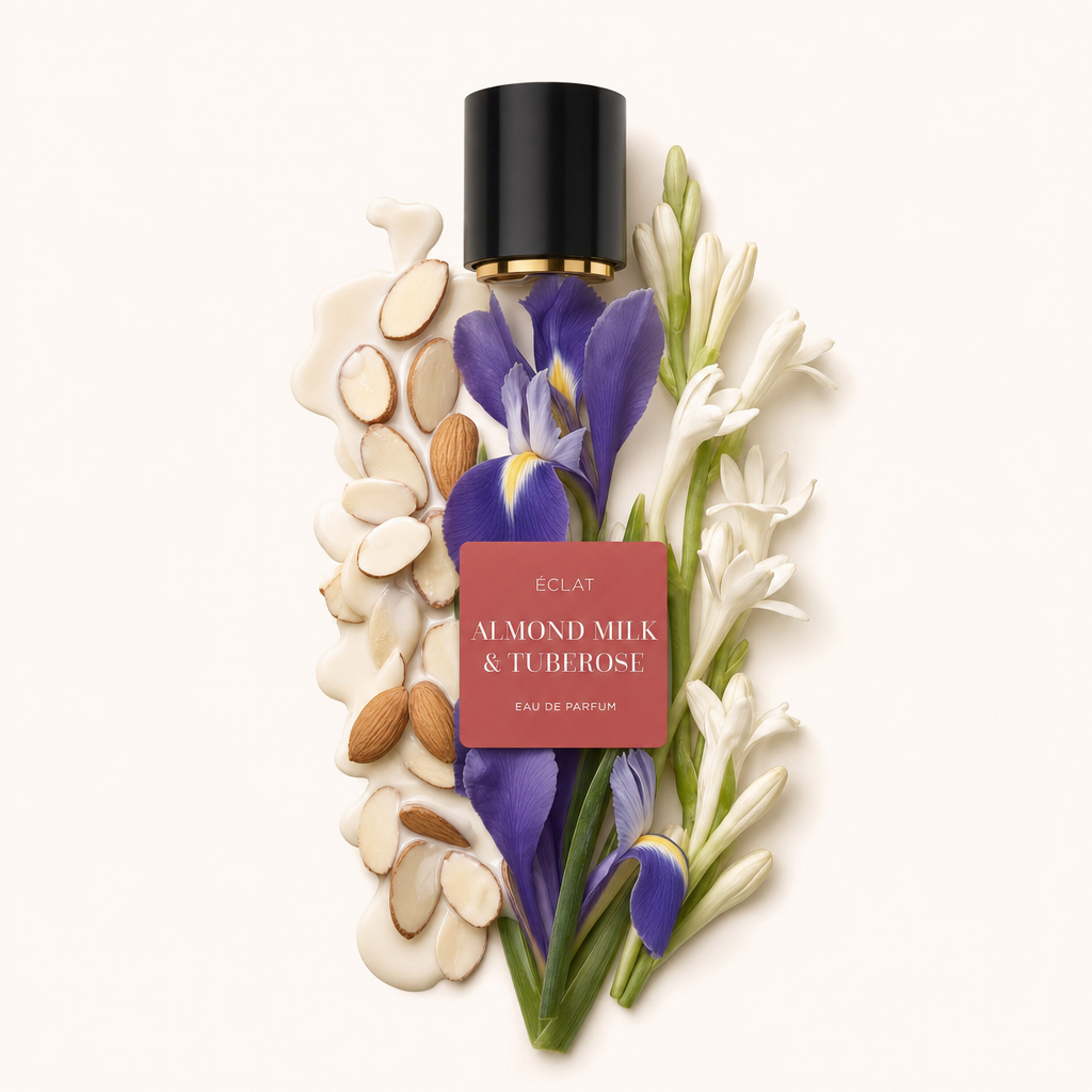 Un arrangiamento di mandorle a fette, mandorle, fiori di iris e tuberosa circonda un tappo nero con finitura dorata e etichetta ÉCLAT Almond Milk & Tuberose.