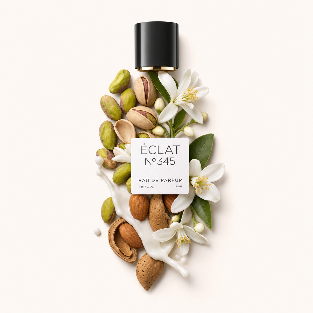 Un arrangiamento di mandorle, pistacchi e fiori bianchi, con un tappo nero e etichetta ÉCLAT Almond & Pistachio.