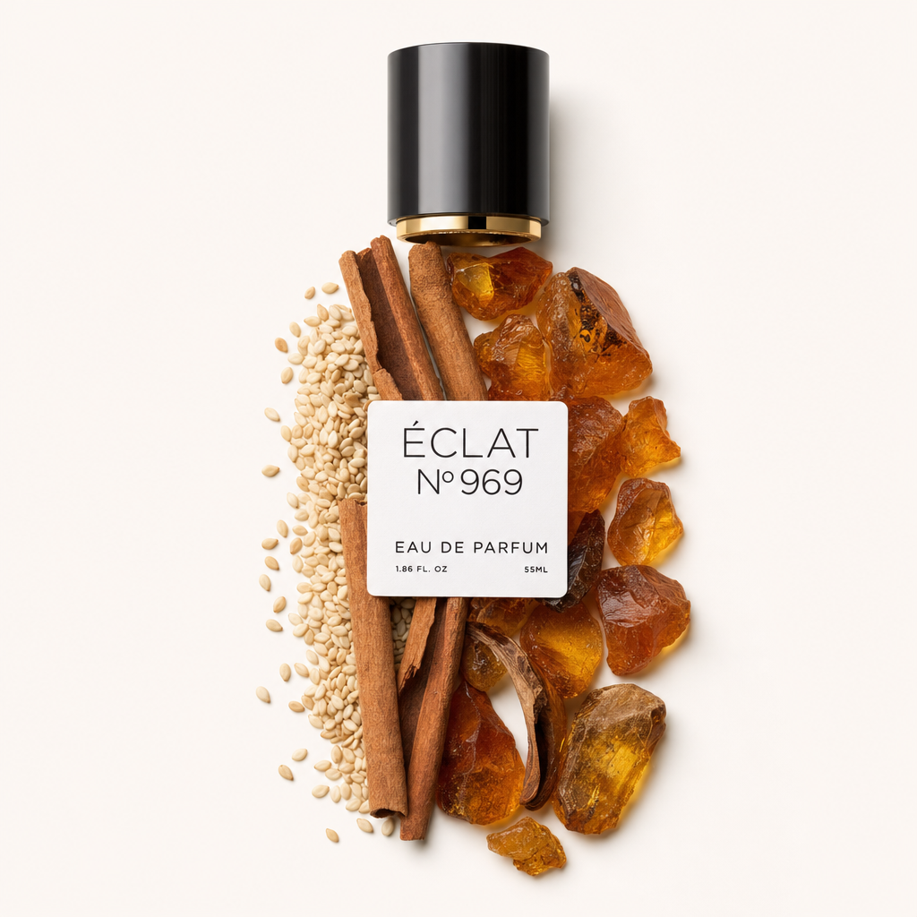 Un arrangiamento di bastoncini di cannella, pezzi di resina d'ambra e semi di sesamo circonda un tappo nero con etichetta ÉCLAT Amber & Cinnamon Honey.
