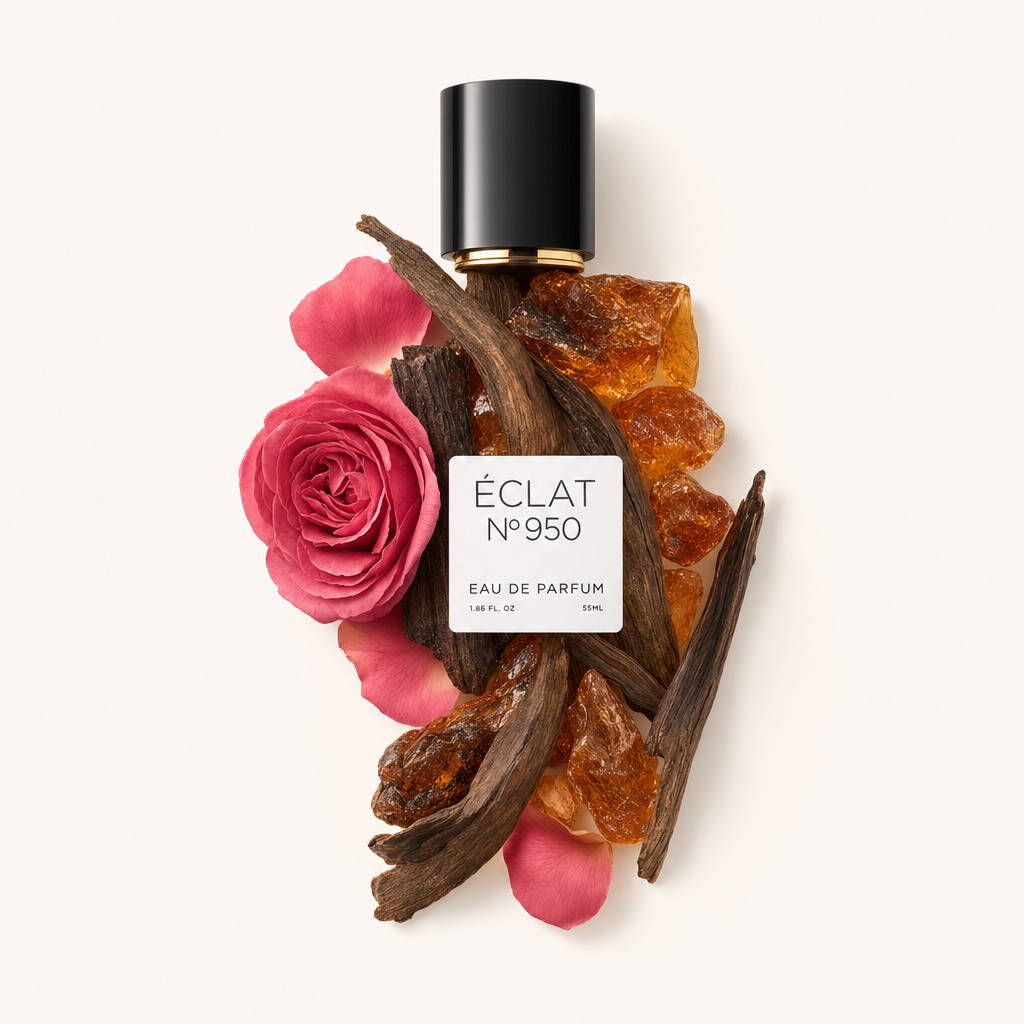Un arrangiamento di resina d'ambra, legno di oud e una rosa rosa con petali, circonda un tappo nero con etichetta ÉCLAT Ambergris & Oud.