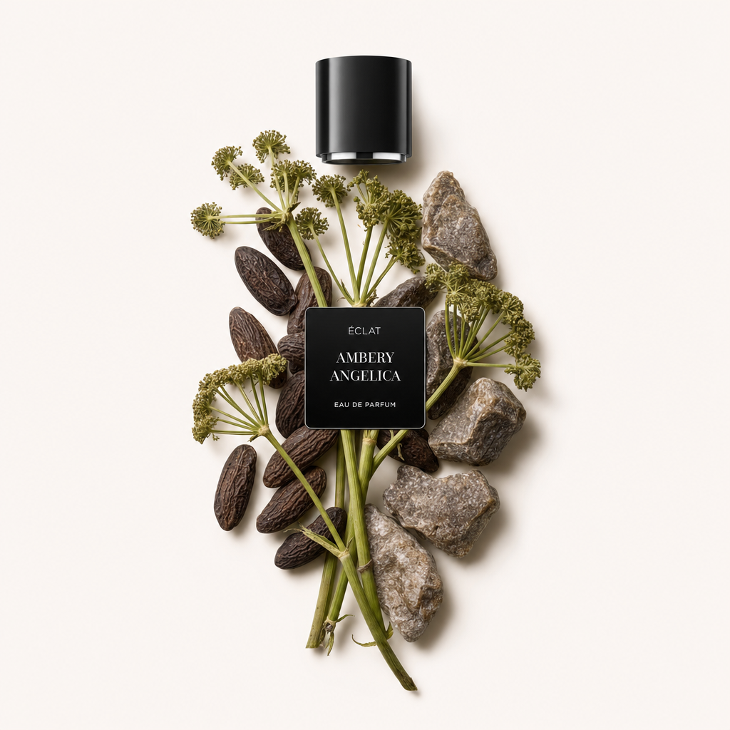 Una composizione di steli di angelica, fagioli tonka e pietre circonda un tappo nero con etichetta ÉCLAT Ambery Angelica.
