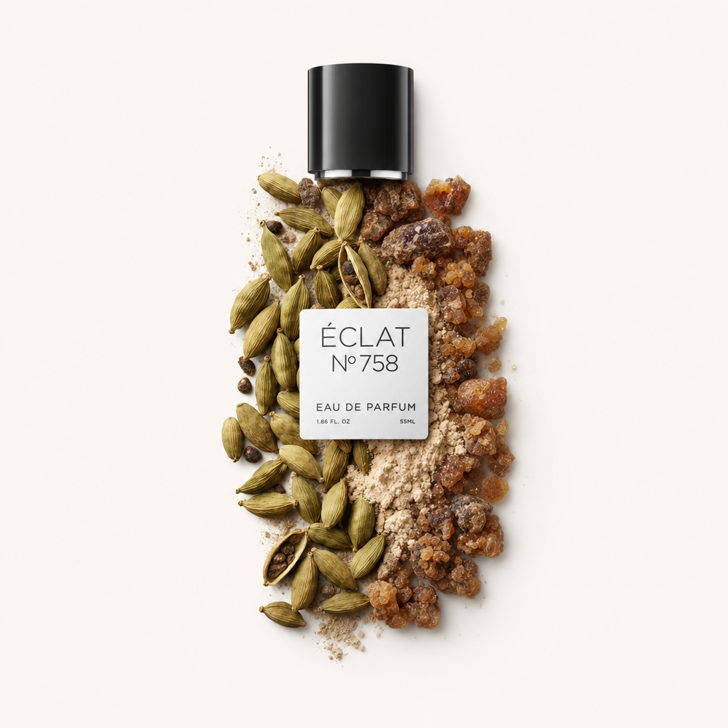 Un arrangiamento di baccelli di cardamomo e resine d'ambra circonda il tappo nero originale con l'etichetta ÉCLAT Ambery Cardamom.
