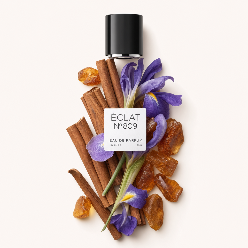 Un arrangiamento di bastoncini di cannella, pezzi di ambra e fiori di iris viola circondano un tappo nero con etichetta per ÉCLAT Ambery Cinnamon.