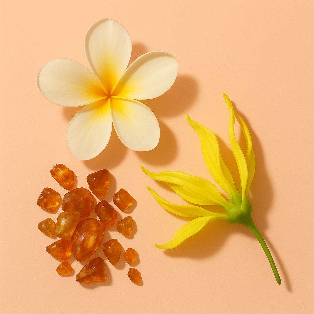 Una composizione di un fiore di frangipani, fiore di ylang-ylang giallo e pietre d'ambra su sfondo pesca chiaro.