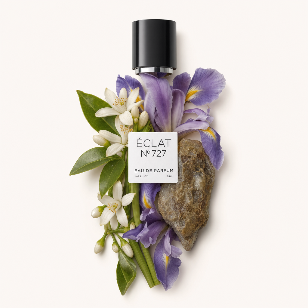 Un arrangiamento di fiori di iris, fiori d'arancio, foglie verdi e una pietra completa il tappo nero con etichetta ÉCLAT Ambery Iris.