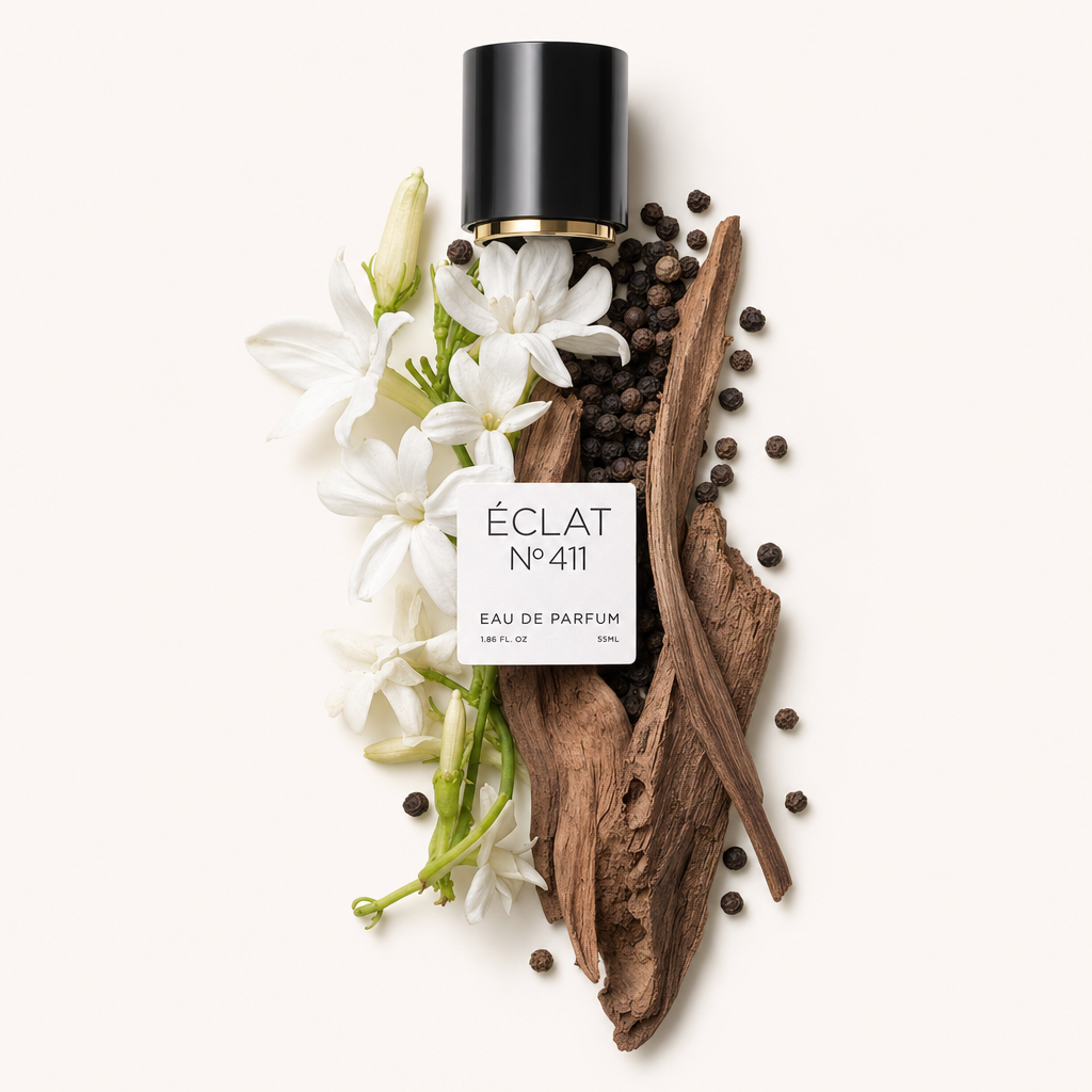 Una disposizione artistica con fiori di gelsomino, grani di pepe ed elementi di legno accanto a un tappo nero con etichetta per ÉCLAT VIP Ambery Jasmine.