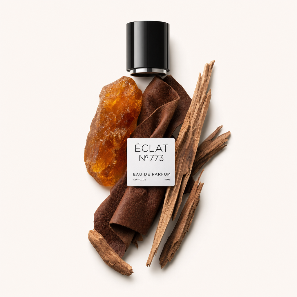 Una composizione di resina di ambra, pelle marrone intensa e bastoncini di legno con il tappo e l'etichetta ÉCLAT Ambery Leather sopra.