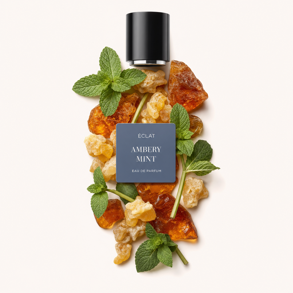Un arrangiamento di foglie di menta e resina ambrata circonda il tappo nero originale con etichetta per ÉCLAT Ambery Mint.