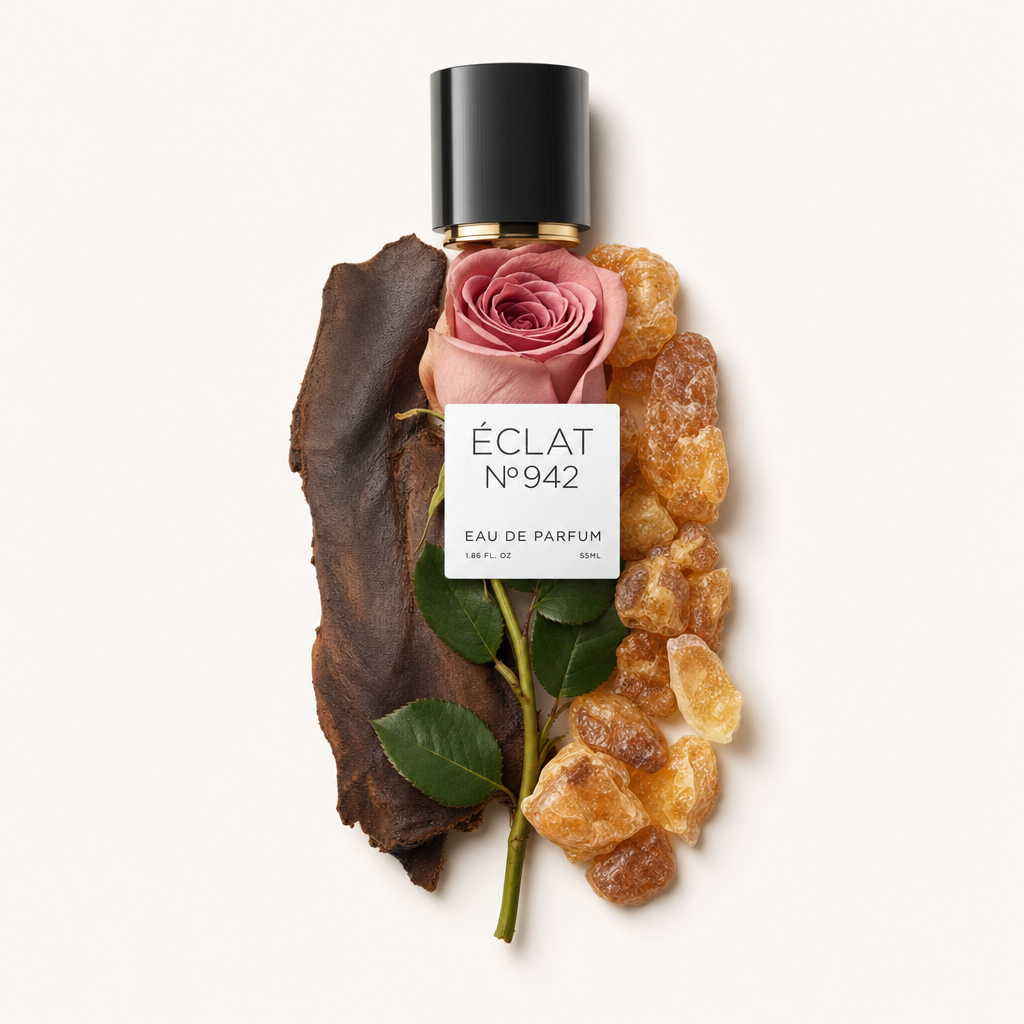 Una natura morta accuratamente disposta di ingredienti grezzi per fragranze con un tappo nero in cima, che presenta una rosa rosa, resina di ambra e legno scuro.