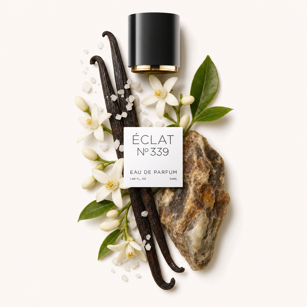 Un arrangiamento di baccelli di vaniglia, fiori di arancio, foglie verdi, pietra grezza e cristalli di sale marino circonda un tappo nero con etichetta, rappresentando ÉCLAT Ambery Orange Blossom.