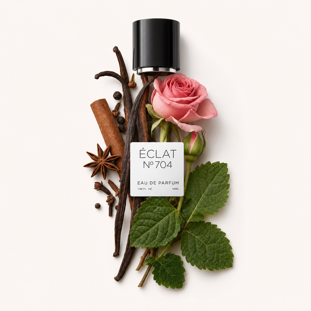 Una composizione di rosa rosa, baccelli di vaniglia, bastoncino di cannella e anice stellato intorno a un tappo nero con l'etichetta ÉCLAT Ambery Patchouli.