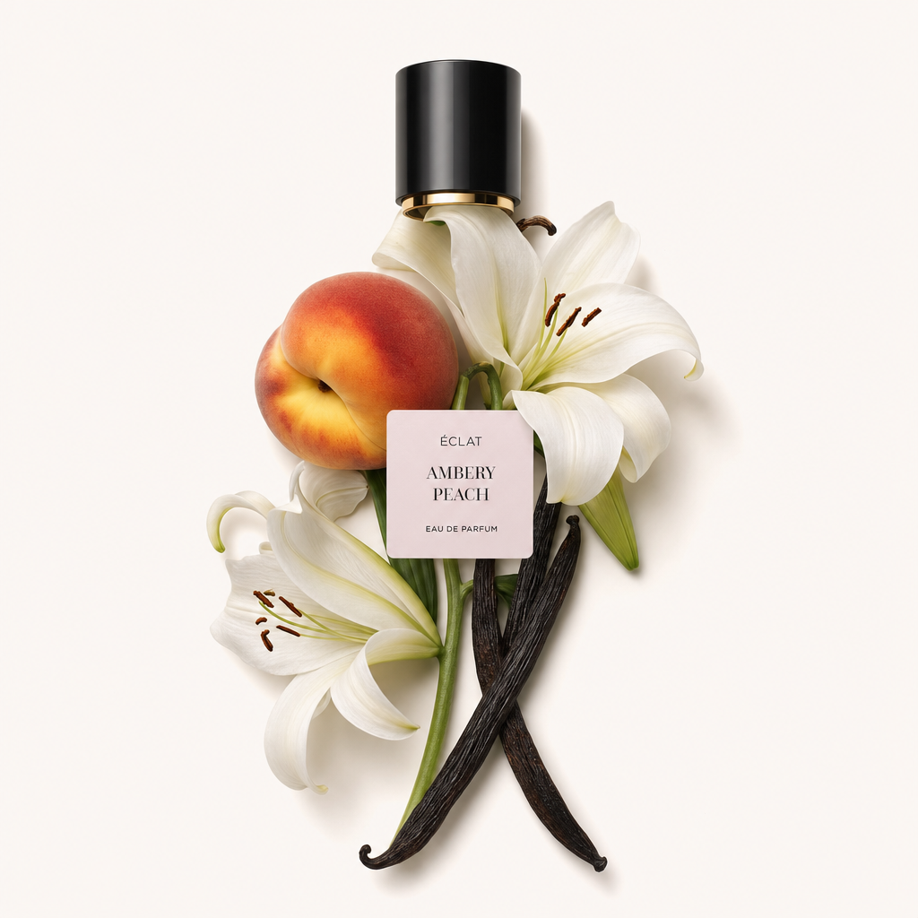 Un tappo nero con etichetta si trova sopra un arrangiamento di pesche, gigli bianchi e baccelli di vaniglia, rappresentando ÉCLAT Ambery Peach.