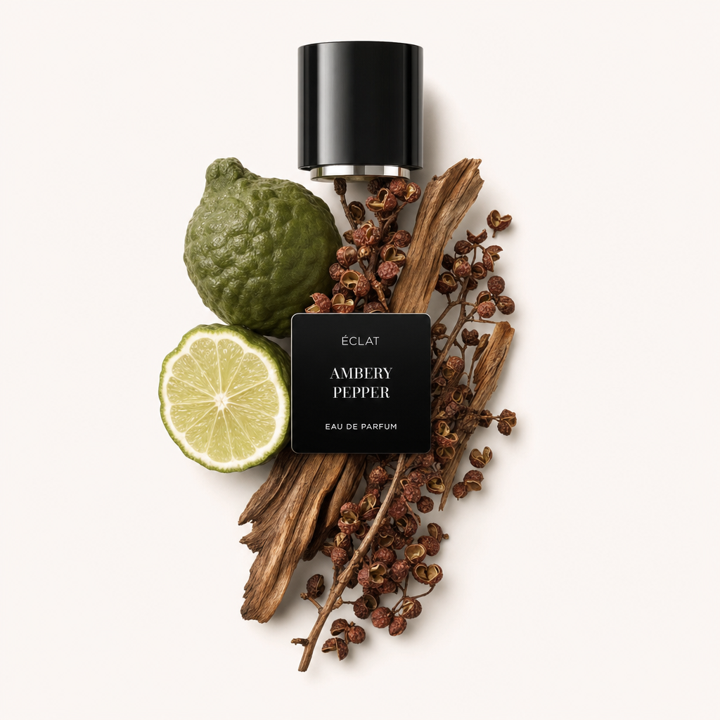 Un arrangiamento di bergamotto, fetta di lime, bacche di pepe essiccate e note legnose attorno a un tappo nero ÉCLAT Ambery Pepper con etichetta.