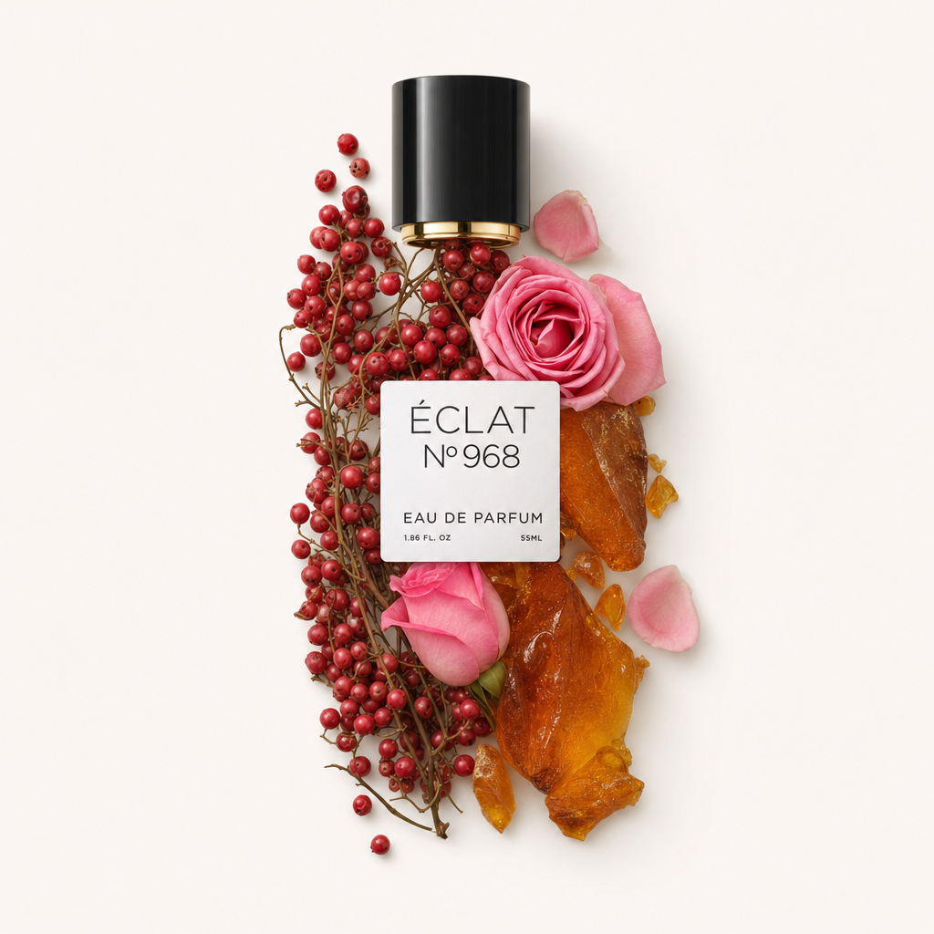 Un arrangiamento di petali di rosa rosa, bacche rosse e pietre d'ambra circonda un tappo nero con etichetta per ÉCLAT Ambery Rose.