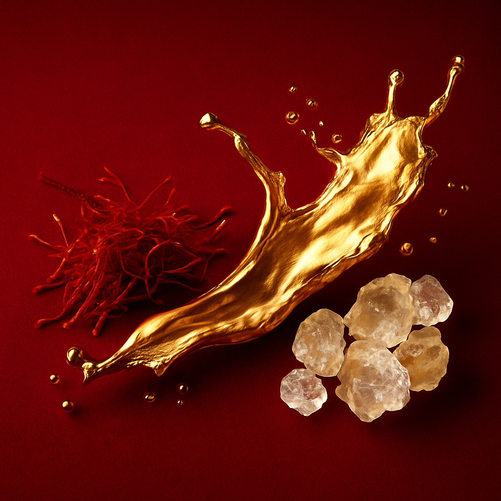 Un vortice di liquido dorato con fili di zafferano e pietre simili a cristalli su uno sfondo rosso profondo, rappresentante ÉCLAT VIP Ambery Saffron.