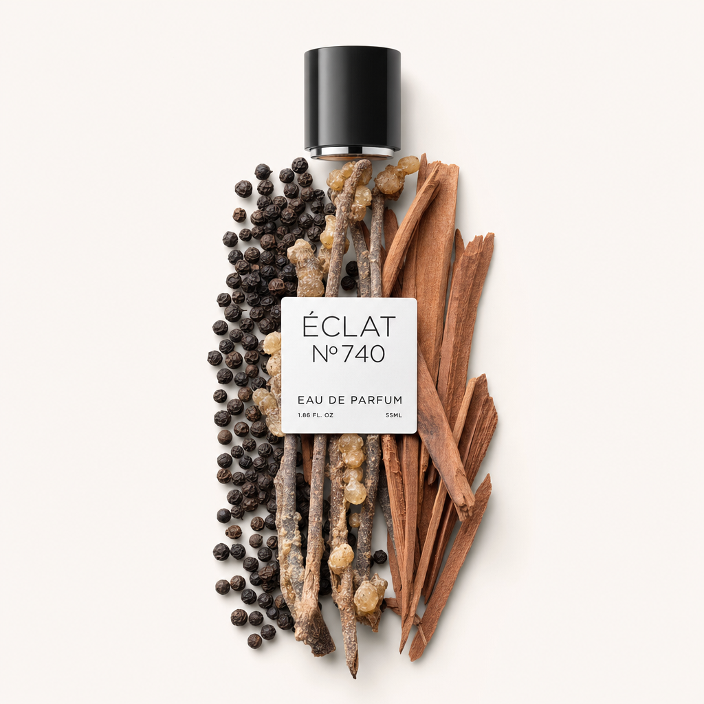 Un arrangiamento di grani di pepe nero, bastoncini di sandalo e resina attorno a un tappo nero con etichetta ÉCLAT Ambery Sandalwood.