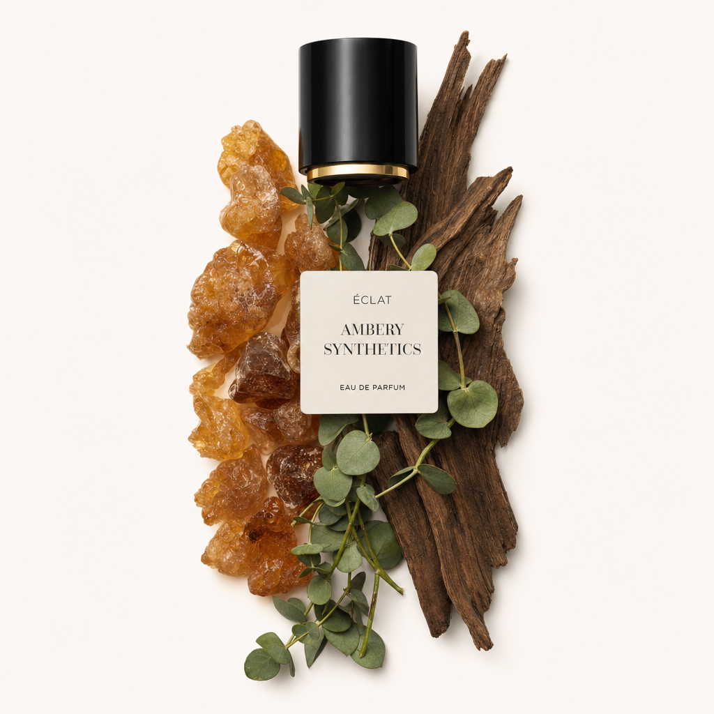 Ingredienti grezzi disposti con arte, resine simili all'ambra, foglie di eucalipto e texture legnose circondano un tappo nero con etichetta ÉCLAT Ambery Synthetics.