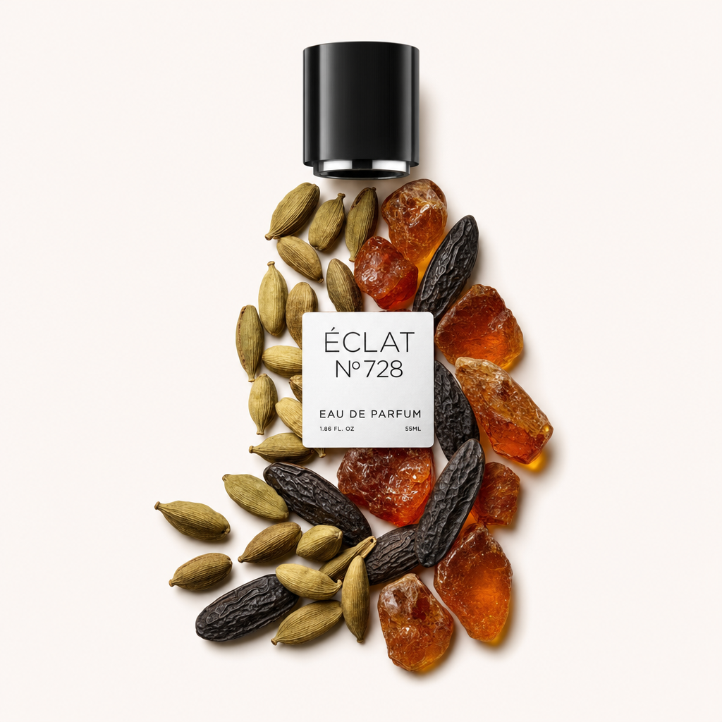 Una composizione artistica di resina d'ambra, fagioli tonka e cardamomo circonda un tappo nero con etichetta per ÉCLAT Ambery Tonka Bean.