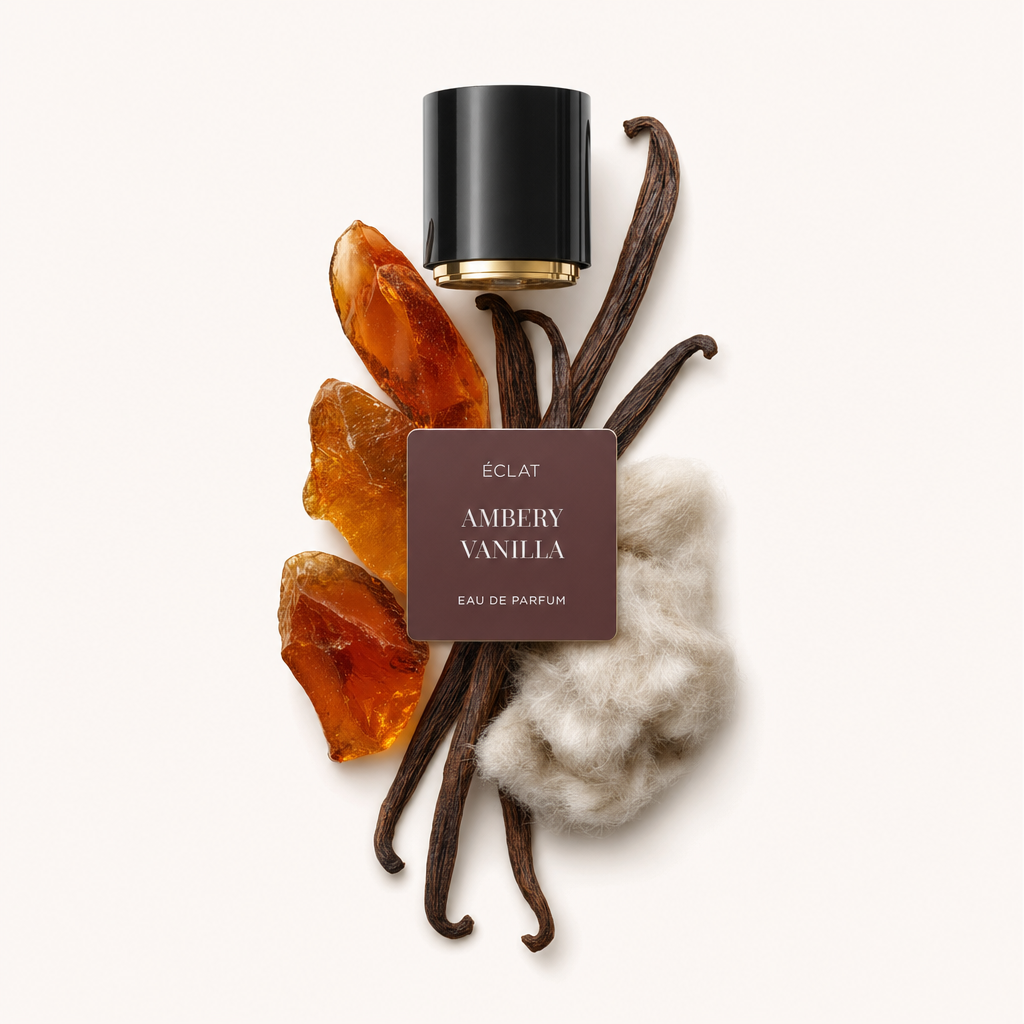 Un arrangiamento di resina d'ambra, baccelli di vaniglia e morbido cashmere circonda un tappo nero con etichetta di ÉCLAT Ambery Vanilla.