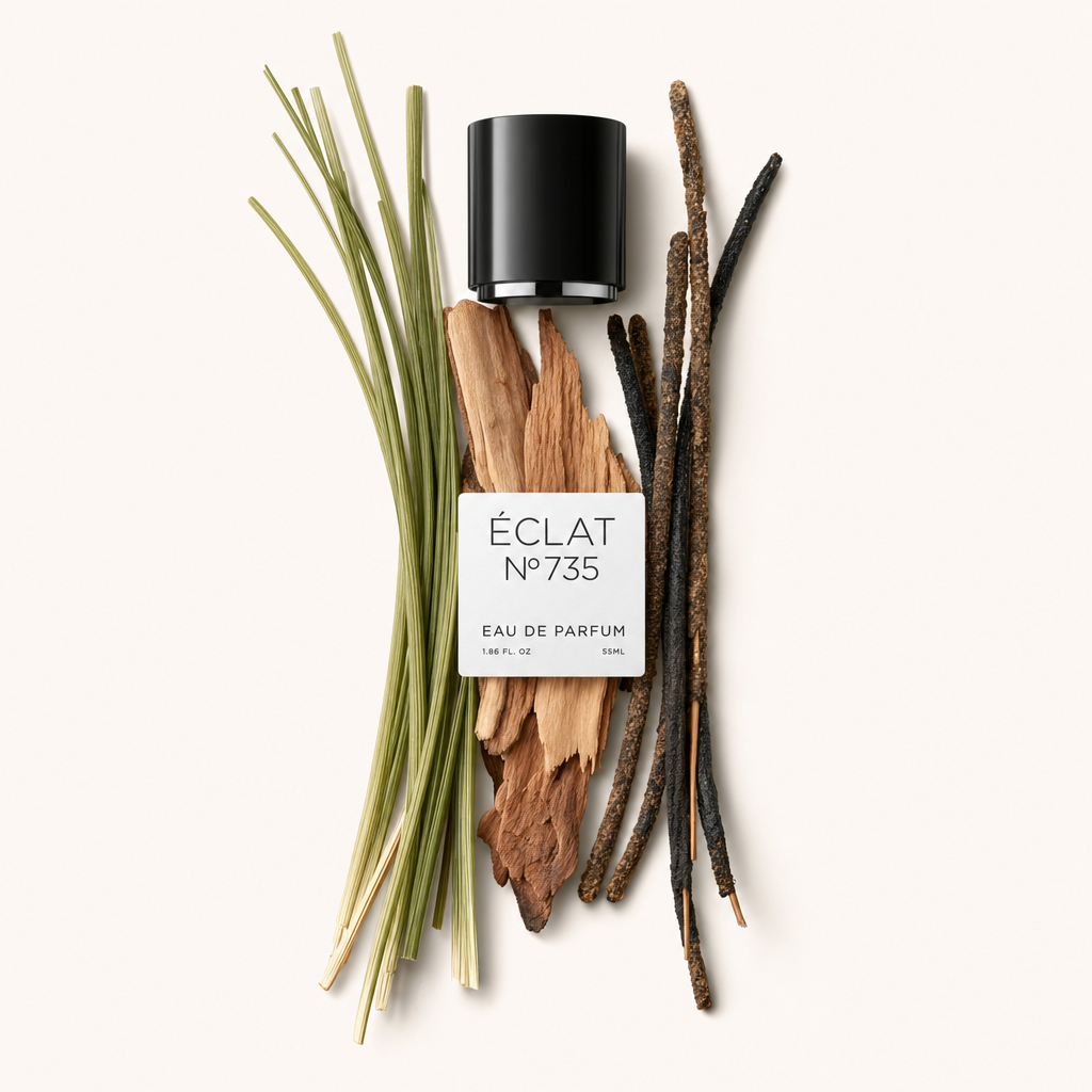 Una natura morta meticolosamente disposta che rappresenta le note olfattive di ÉCLAT Ambery Woods, con aghi di pino naturali, corteccia e fusti legnosi scuri, accompagnata dal tappo nero con etichetta.