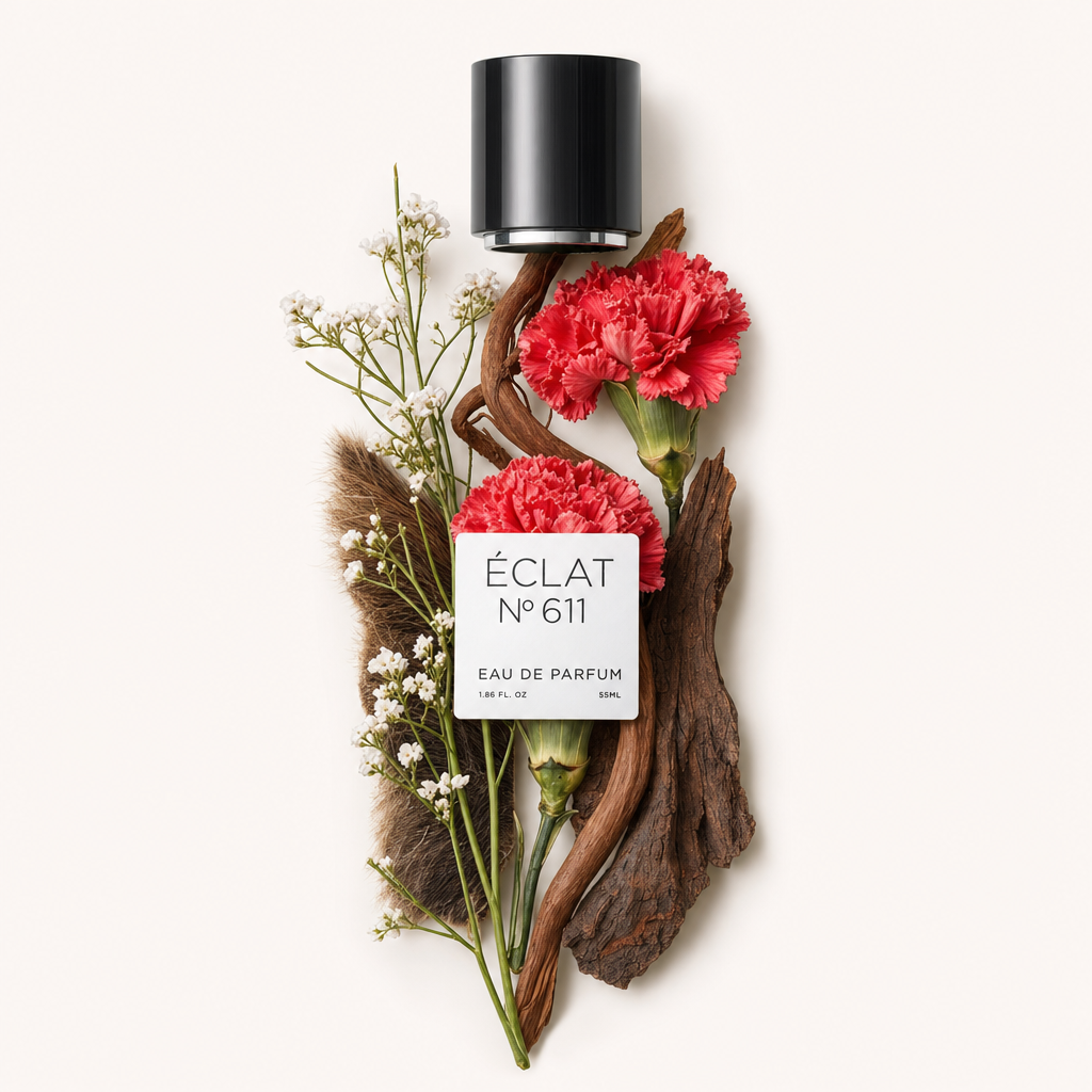 Una composizione di garofani rossi, delicati fiori bianchi, legno strutturato e pelliccia morbida è artisticamente disposta attorno al tappo nero con etichetta ÉCLAT Animalic Carnation.