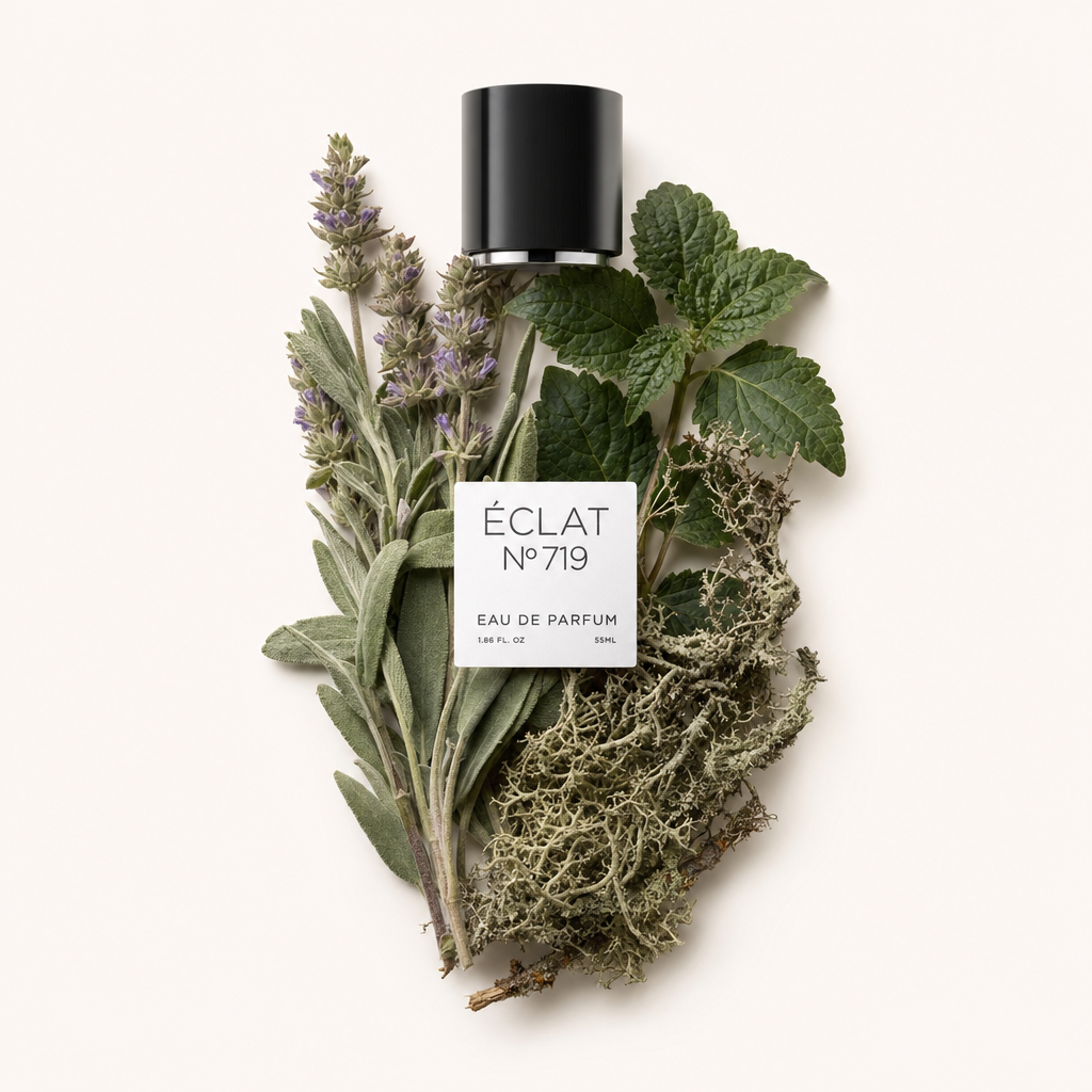 Un arrangiamento di salvia, lavanda, menta e muschio di quercia con il tappo nero con etichetta ÉCLAT in cima.