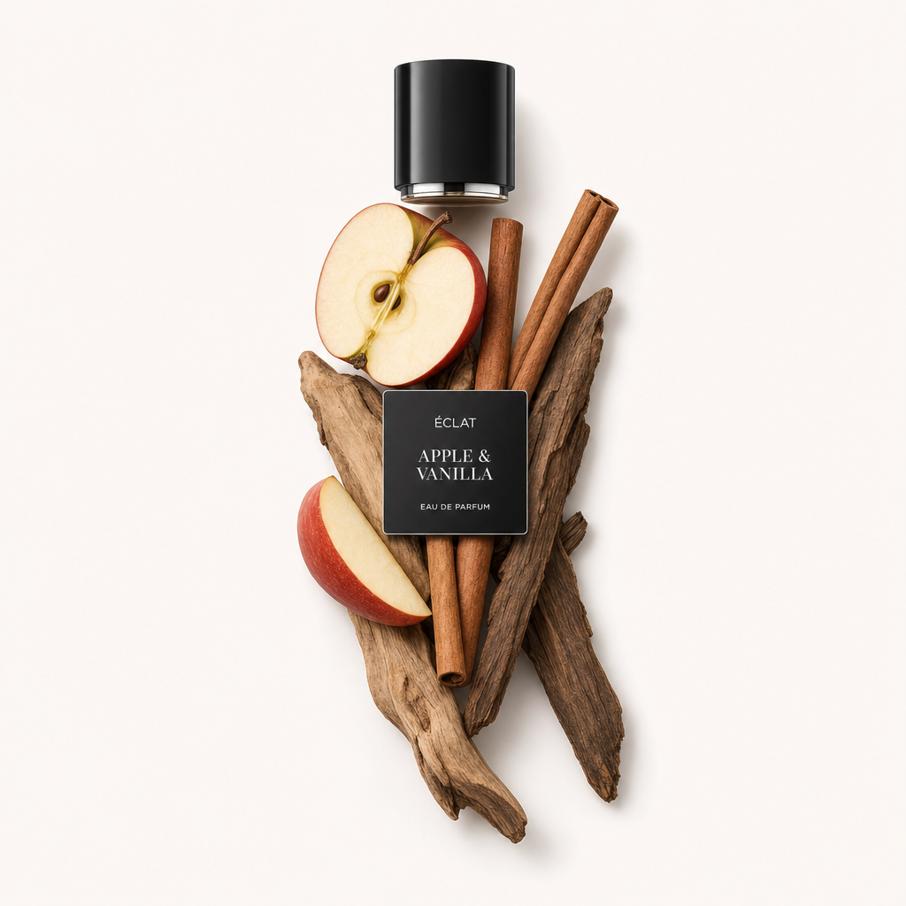 Una composizione di bastoncini di cannella, fette di mela e legno di mare con un tappo nero etichettato ÉCLAT Apple & Vanilla.