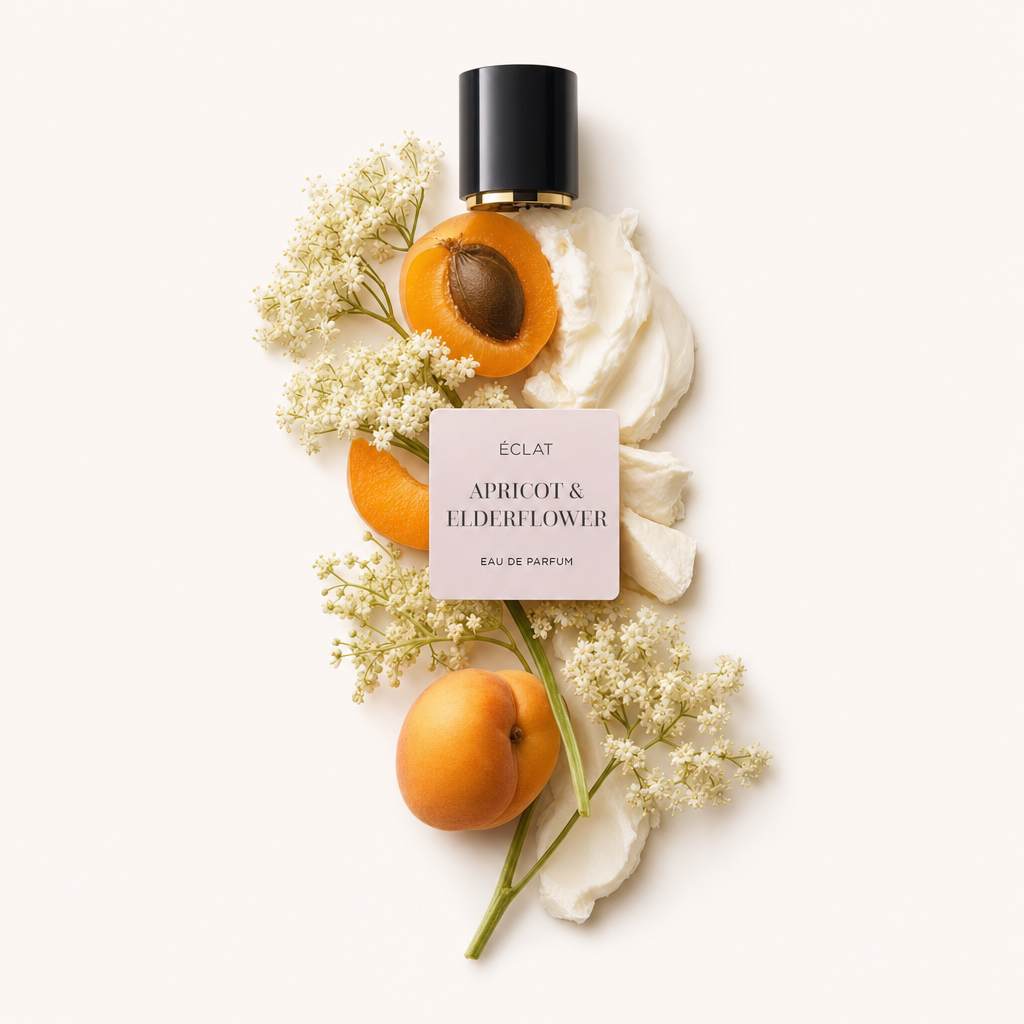 Una composizione di albicocche fresche, fiori di sambuco e crema morbida, accompagnata da un tappo nero con etichetta ÉCLAT Apricot & Elderflower.