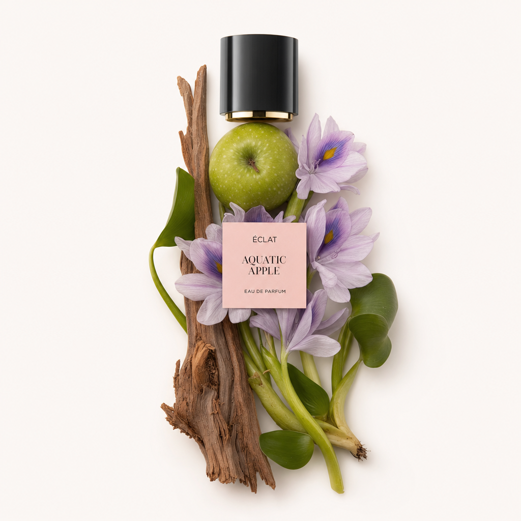 Una composizione di ingredienti per ÉCLAT Aquatic Apple, con una mela verde, fiori viola e legno, disposti sotto un tappo nero con etichetta.