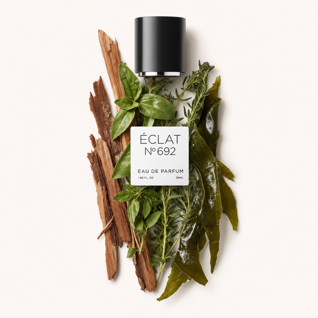 Un sofisticato arrangiamento di foglie di basilico fresco, alghe e bastoncini di legno circonda il tappo nero con etichetta ÉCLAT Aquatic Bergamot & Basil.