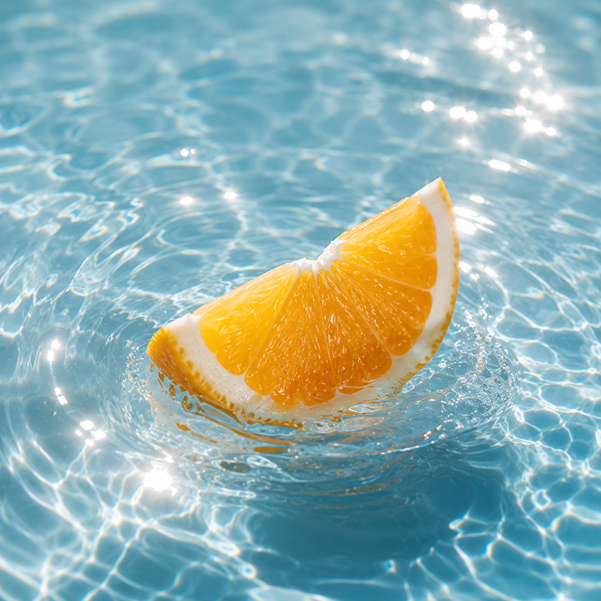 Una fetta di arancia vivace galleggia in acqua limpida e assolata, incarnando l'essenza di ÉCLAT Aquatic Citrus Fruits.
