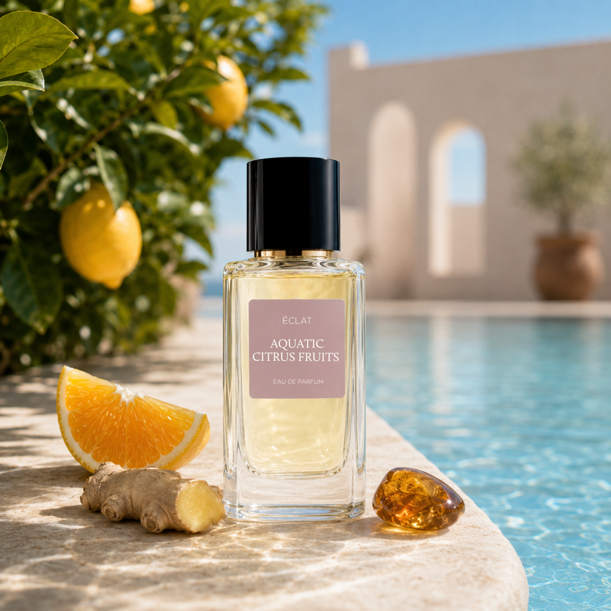 Il profumo ÉCLAT Aquatic Citrus Fruits in un flacone di vetro sfaccettato con tappo nero, posizionato accanto a agrumi e zenzero vicino a una piscina.