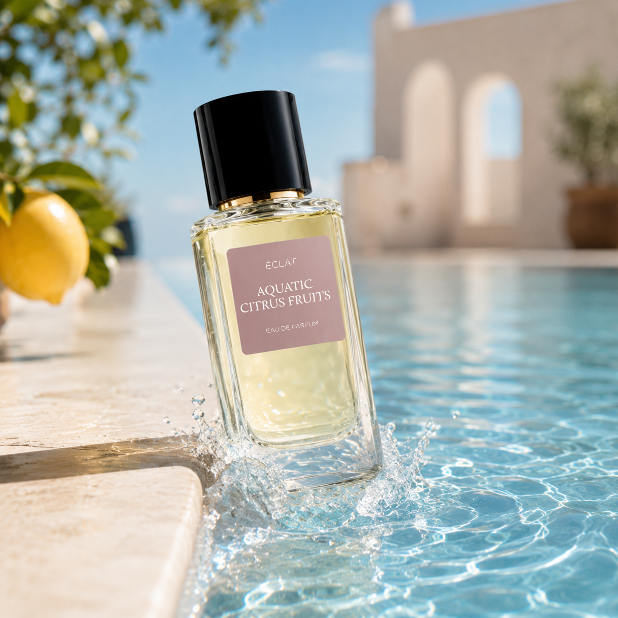 Un flacone in vetro sfaccettato di ÉCLAT Aquatic Citrus Fruits con tappo nero, che spruzza in acqua limpida della piscina accanto a un limone.