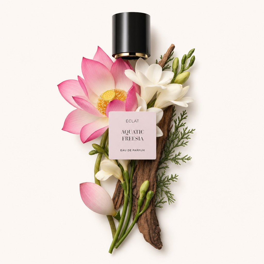 Una composizione di fiori di loto, fiori di fresia e rami di cipresso circonda un tappo nero con un accento dorato, con l'etichetta ÉCLAT Aquatic Freesia.