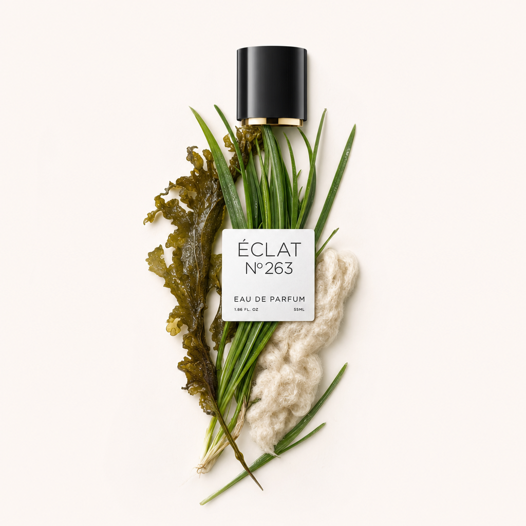 Un arrangiamento di note acquatiche con alghe, canne verdi e trame fibrose, con tappo nero e etichetta ÉCLAT sopra.