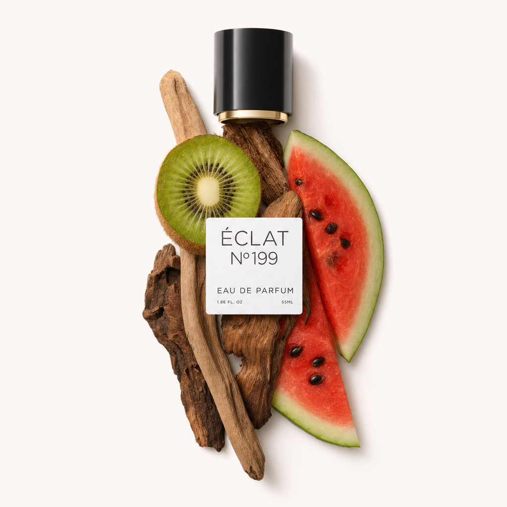 Un arrangiamento di fetta di kiwi fresco, spicchio di anguria e bastoncini di legno con un tappo nero con etichetta ÉCLAT.