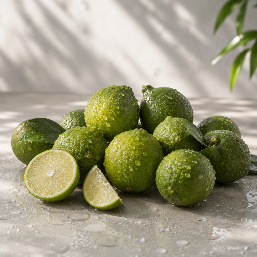 Una raccolta di lime freschi coperti di rugiada su una superficie in pietra, con un lime tagliato a metà.